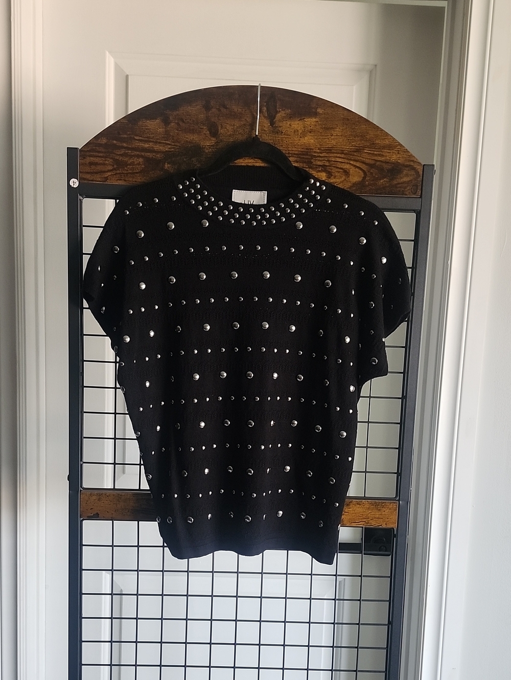 Studded Black Short-Sleeve Sweater Top